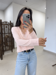 Po 2665 Dantel Yaka İkili Görünümlü Pudra Pembe Triko