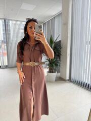 Fw 8124 Oval Kemerli Tensel Kahve Elbise