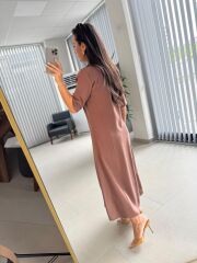 Fw 8124 Oval Kemerli Tensel Kahve Elbise