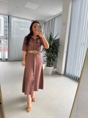 Fw 8124 Oval Kemerli Tensel Kahve Elbise