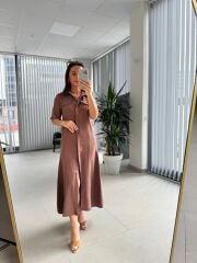 Fw 8124 Oval Kemerli Tensel Kahve Elbise