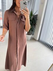 Fw 8124 Oval Kemerli Tensel Kahve Elbise