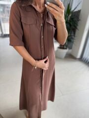 Fw 8124 Oval Kemerli Tensel Kahve Elbise