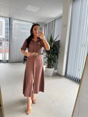 Fw 8124 Oval Kemerli Tensel Kahve Elbise