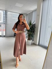 Fw 8124 Oval Kemerli Tensel Kahve Elbise