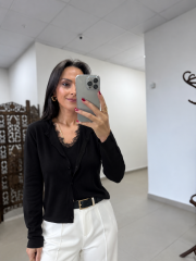 Po 2665 Dantel Yaka İkili Görünümlü Siyah Triko
