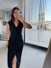 My 3698 Düğüm Detaylı Siyah Kalem Elbise