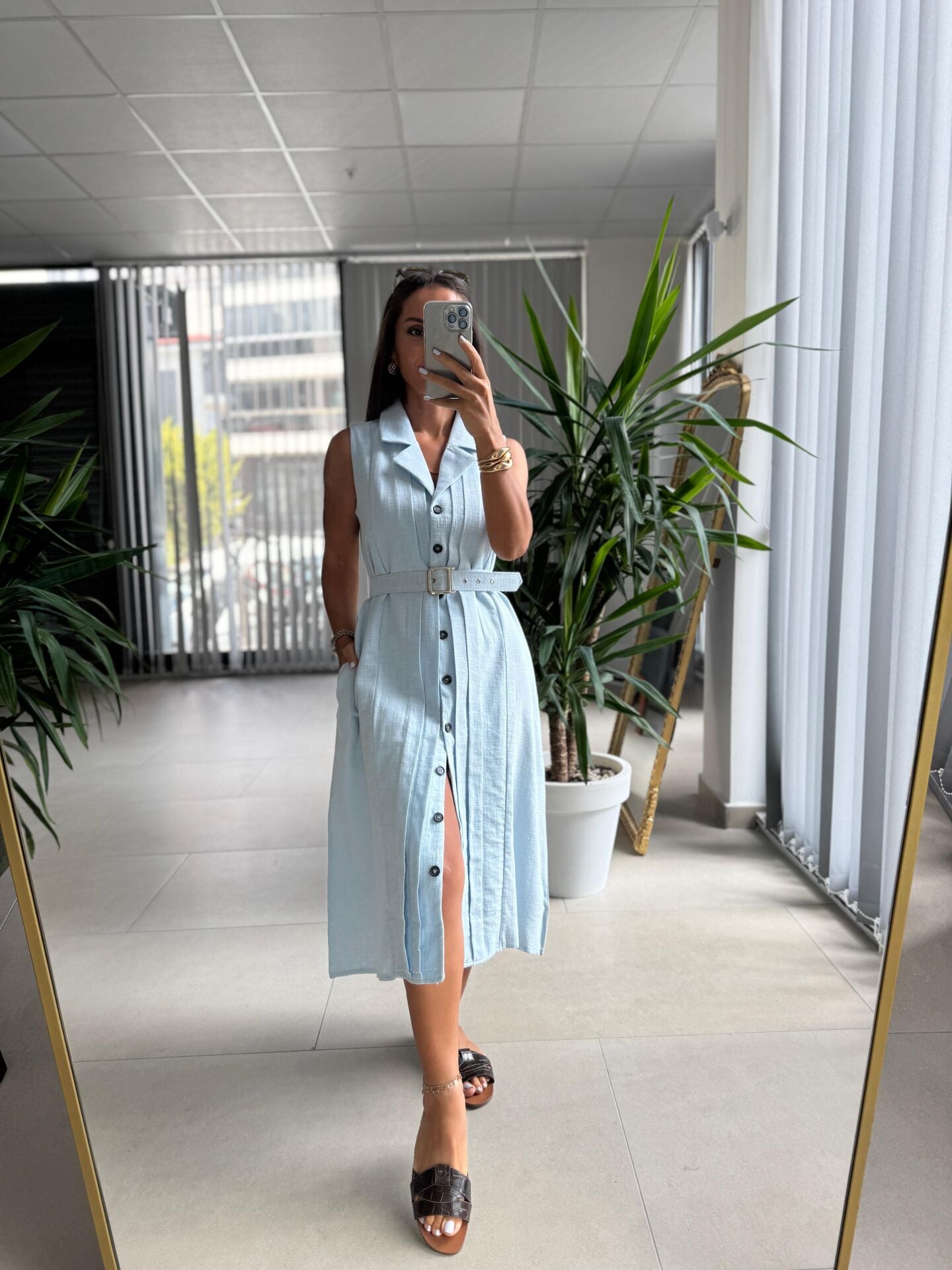 Ms 2110 Ceket Yaka Düğmeli Kolsuz Bebe Mavi  Keten Elbise