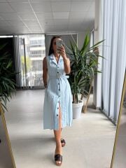 Ms 2110 Ceket Yaka Düğmeli Kolsuz Bebe Mavi  Keten Elbise