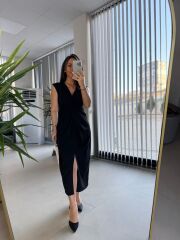 My 3698 Düğüm Detaylı Siyah Kalem Elbise