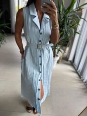 Ms 2110 Ceket Yaka Düğmeli Kolsuz Bebe Mavi  Keten Elbise