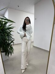 Dv 60992 Ekru Kol Püskül Detaylı Triko Ceket Hırka