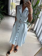 Ms 2110 Ceket Yaka Düğmeli Kolsuz Bebe Mavi  Keten Elbise