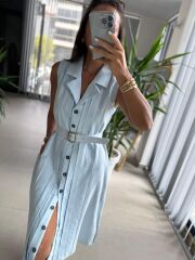 Ms 2110 Ceket Yaka Düğmeli Kolsuz Bebe Mavi  Keten Elbise