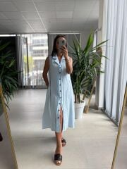 Ms 2110 Ceket Yaka Düğmeli Kolsuz Bebe Mavi  Keten Elbise