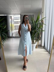 Ms 2110 Ceket Yaka Düğmeli Kolsuz Bebe Mavi  Keten Elbise