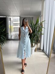 Ms 2110 Ceket Yaka Düğmeli Kolsuz Bebe Mavi  Keten Elbise