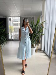 Ms 2110 Ceket Yaka Düğmeli Kolsuz Bebe Mavi  Keten Elbise