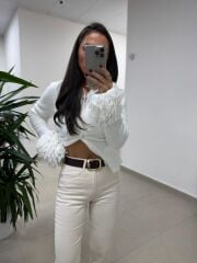 Dv 60992 Ekru Kol Püskül Detaylı Triko Ceket Hırka