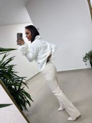 Dv 60992 Ekru Kol Püskül Detaylı Triko Ceket Hırka