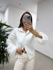 Dv 60992 Ekru Kol Püskül Detaylı Triko Ceket Hırka