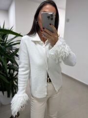 Dv 60992 Ekru Kol Püskül Detaylı Triko Ceket Hırka
