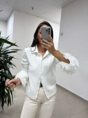 Dv 60992 Ekru Kol Püskül Detaylı Triko Ceket Hırka
