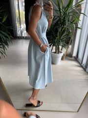 Ms 2110 Ceket Yaka Düğmeli Kolsuz Bebe Mavi  Keten Elbise