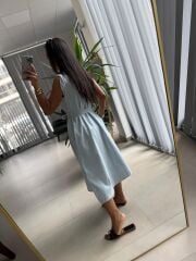 Ms 2110 Ceket Yaka Düğmeli Kolsuz Bebe Mavi  Keten Elbise