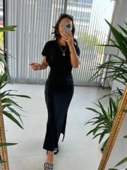 Sg Black Waist Detailed Combed Cotton Dress