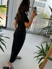 Sg Black Waist Detailed Combed Cotton Dress