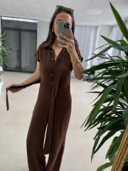 My 3936 Kahve Gold Düğme Detaylı Kemerli Crep Tulum
