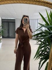 My 3936 Kahve Gold Düğme Detaylı Kemerli Crep Tulum