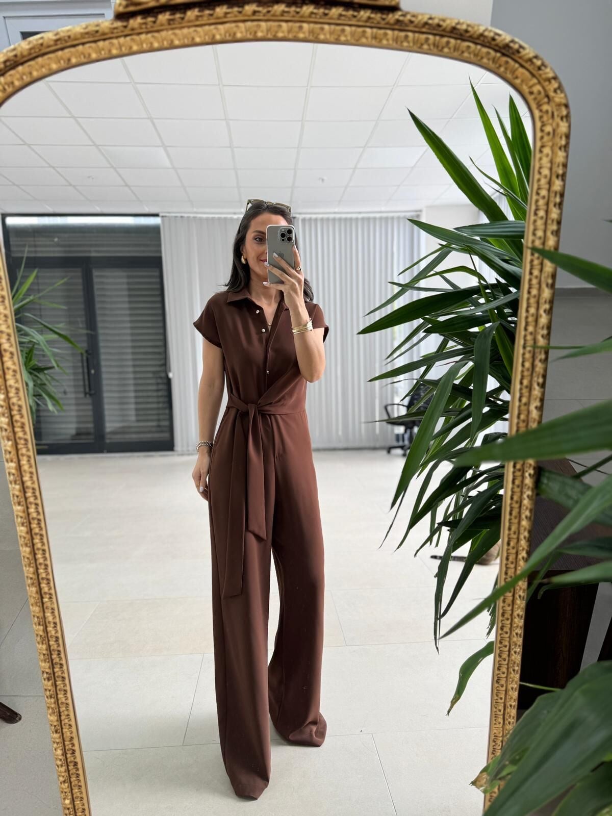My 3936 Kahve Gold Düğme Detaylı Kemerli Crep Tulum