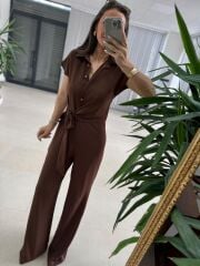 My 3936 Kahve Gold Düğme Detaylı Kemerli Crep Tulum