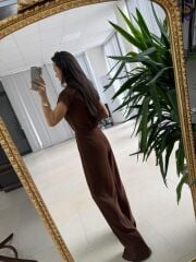 My 3936 Kahve Gold Düğme Detaylı Kemerli Crep Tulum