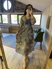 Zr paisley pattern green chiffon dress