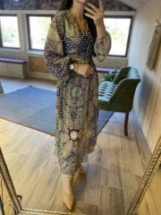 Zr paisley pattern green chiffon dress