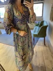 Zr paisley pattern green chiffon dress