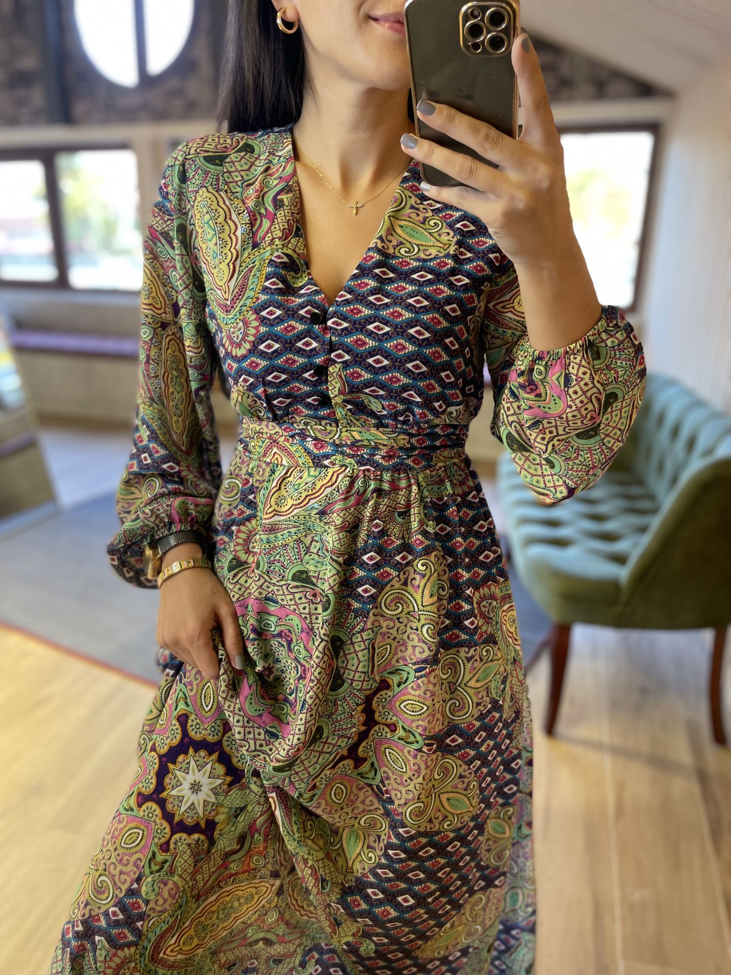 Zr paisley pattern green chiffon dress