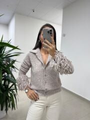 Dv 3431 Vizon Kol Püskül Detaylı Triko Ceket Hırka