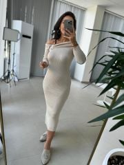 My Krem Omuz Tokalı Triko Kalem Elbise