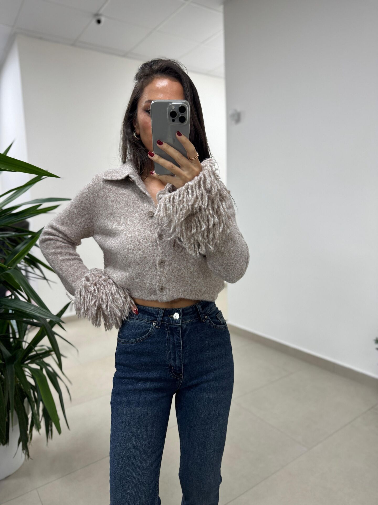 Dv 60992 Vizon Kol Püskül Detaylı Triko Ceket Hırka