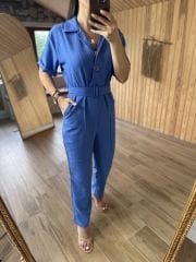 N. Work blue linen overalls