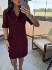 Wo Polo Yaka Bordo Kareli Tüvit Elbise