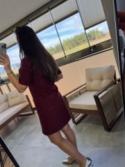 Wo Polo Yaka Bordo Kareli Tüvit Elbise