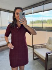 Wo Polo Yaka Bordo Kareli Tüvit Elbise