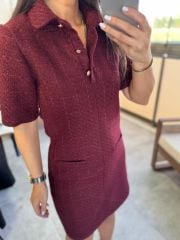 Wo Polo Yaka Bordo Kareli Tüvit Elbise