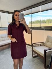 Wo Polo Yaka Bordo Kareli Tüvit Elbise