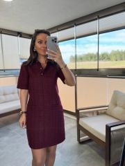 Wo Polo Yaka Bordo Kareli Tüvit Elbise